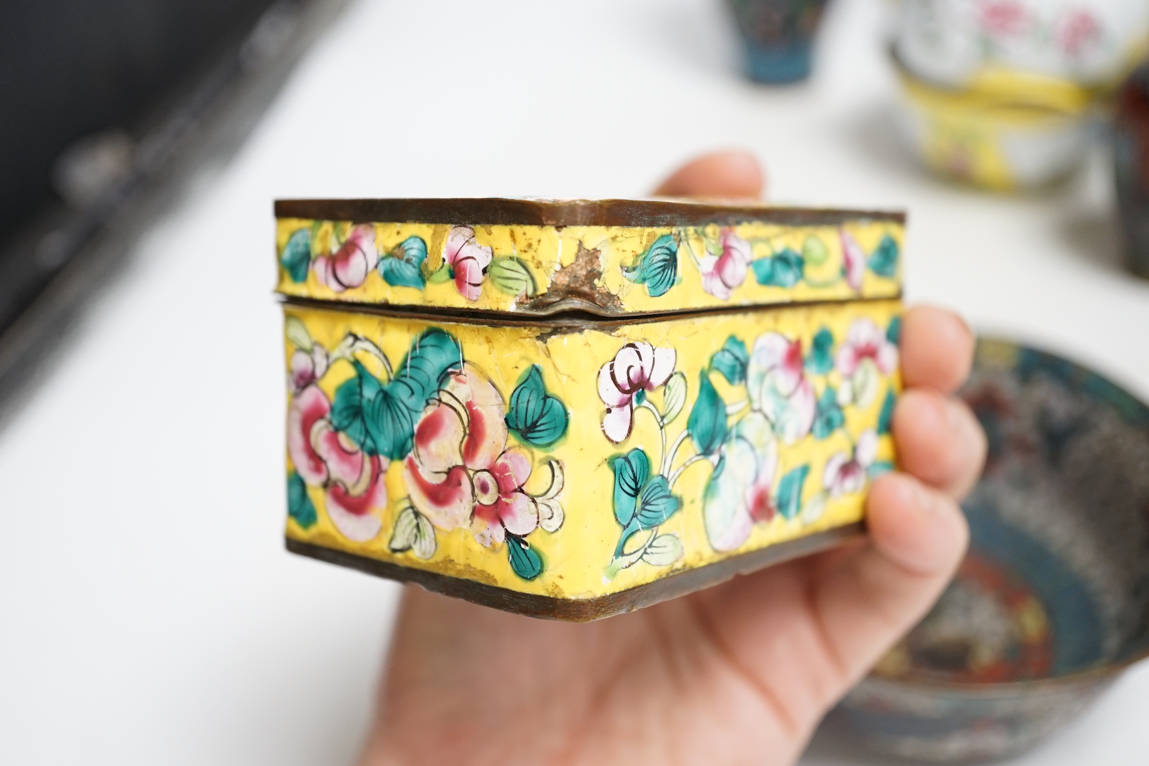 Four Japanese cloisonné enamel vases and a similar bowl and two Canton enamel bowls and similar box and cover, tallest 30cm high